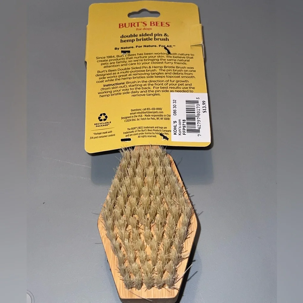 Burt's Bees Double-Sided Pin Bristle & Hemp Hair Brush Natural pet dog cat NEW